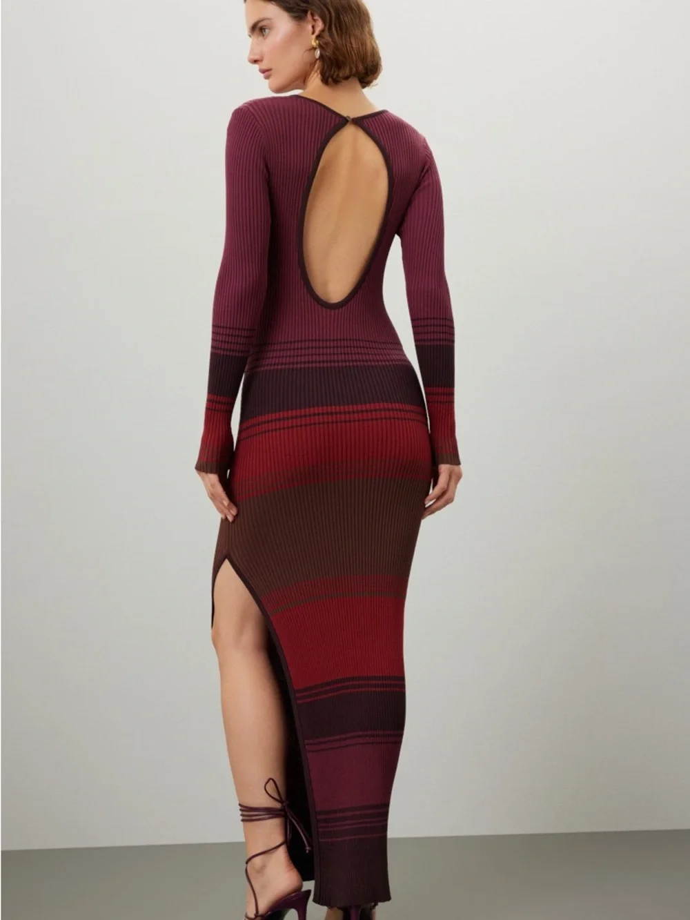STAUD Maroon Ribbed Long Sleeve Gradient Dress with Red Accents - Picture 2 of 8